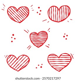 Heart Icon Set. Hand drawn doodle style. Various hatching lines, red contour isolated on a white background. Valentine s Day, wedding, anniversary, greeting cards, invitations, stickers, web design