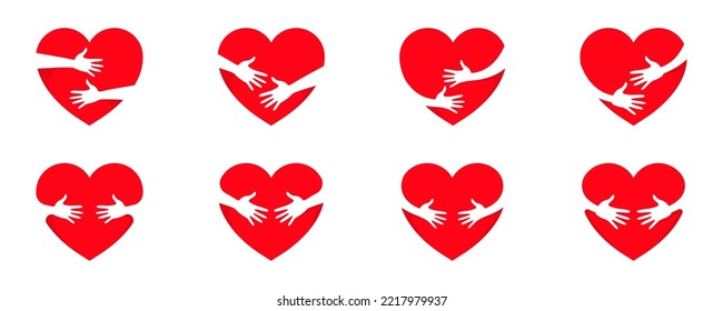 Heart Icon Set. Heart Hugging Icons. Hug Icons. Hugging Hearts. Red Nubes Icons. Heart Shapes Collection. Vector EPS 10