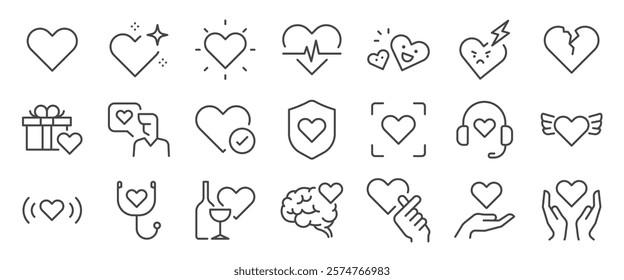 Heart icon set. It included contexts such as love, health, care, kind and more. Editable Vector Stroke.
