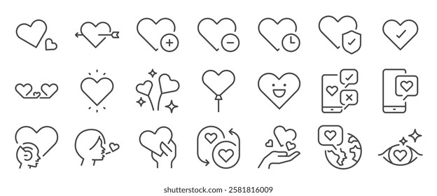 Heart icon set. It included contexts such as valentine, micro-mance, love, romance, relationship and more. Editable Vector Stroke.