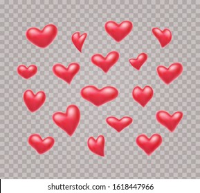 Heart icon set isolated on transparent background. Vector graphic 3d love symbols. Valentine's Day signs, red heart emblems or like buttons in cartoon style.