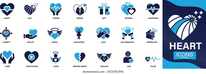 Heart icon set life, heartbeat, caring, passion, healthcare, emotional, like, charity, You can easily change the color.