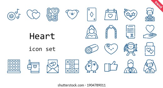 heart icon set. line icon style. heart related icons such as love, bride, groom, wedding gift, candy, like, wedding day, ace of diamonds, heart, cupid, romantic music, wedding arch, love birds