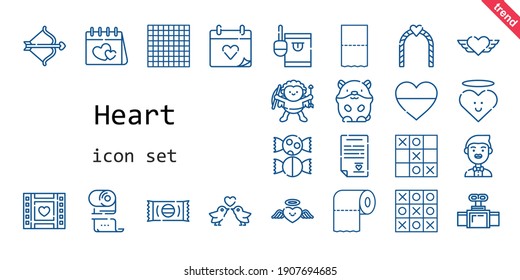 heart icon set. line icon style. heart related icons such as groom, candy, hamster, wedding day, wedding video, heart, cupid, wedding arch, love birds, tic tac toe, toilet paper, sweet, valve