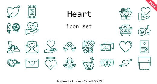 heart icon set. line icon style. heart related icons such as love, like, candy, garter, swan, heart, swans, cupid, wedding car, rainbow, romantic music, love birds, love letter, toilet paper, sweets, 