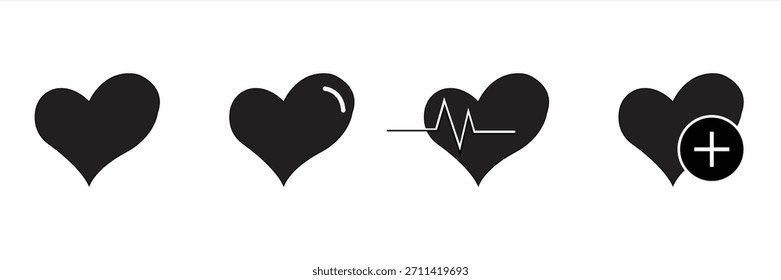 Conjunto de iconos de corazón en diseño lineal, concepto médico. Atención médica. Concepto de amor y pasión. Forma de corazón. Diseño romántico. Ilustración vectorial