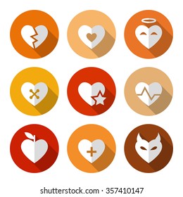Heart Icon Set with long shadows and circles. Colored vector romantic symbols in flat style