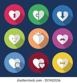 Heart Icon Set with long shadows and circles. Colored vector romantic symbols in flat style