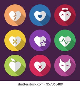Heart Icon Set with long shadows and circles. Colored vector romantic symbols in flat style