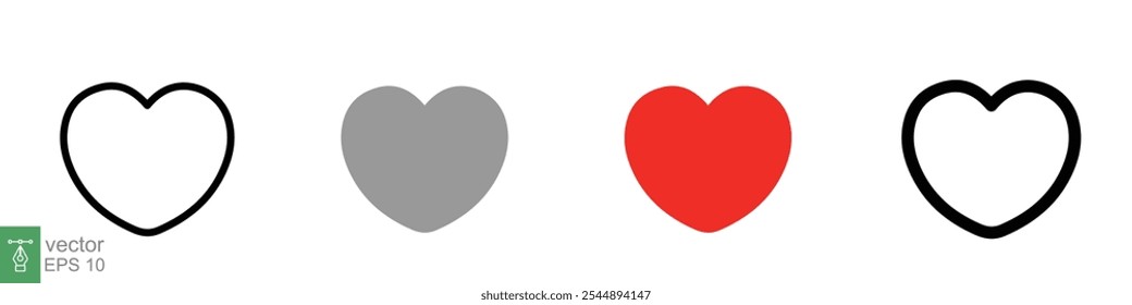 Heart icon set. Love symbol in flat, solid, outline style. Black, red love heart shape collection, romantic concept. Vector illustration design isolated on white background. EPS 10.