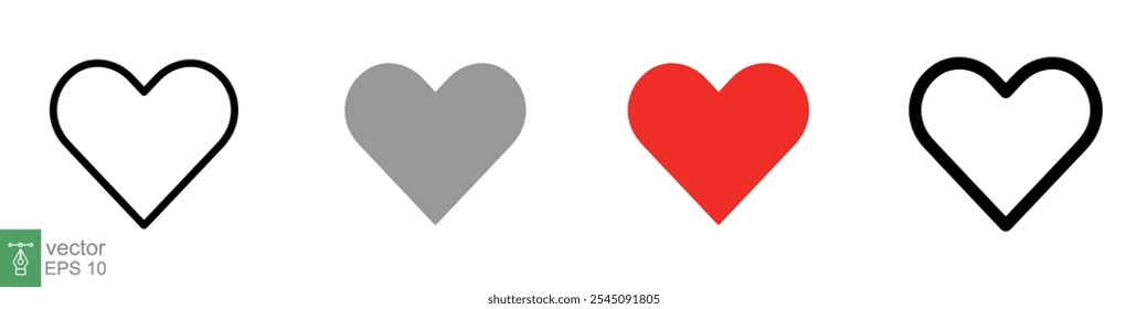 Heart icon set. Love symbol in flat, solid, outline style. Black, red love heart shape collection, romantic concept. Vector illustration design isolated on white background. EPS 10.