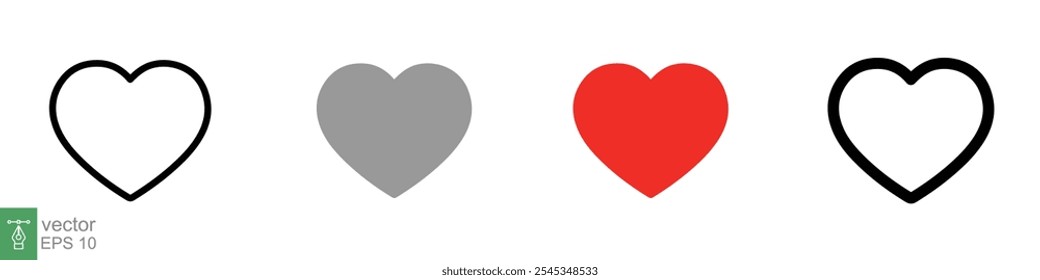 Heart icon set. Love symbol in flat, solid, outline style. Black, red love heart shape collection, romantic concept. Vector illustration design isolated on white background. EPS 10.