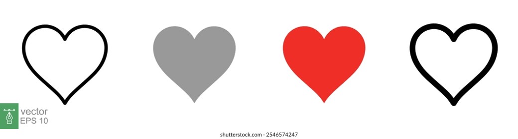 Heart icon set. Love symbol in flat, solid, outline style. Black, red love heart shape collection, romantic concept. Vector illustration design isolated on white background. EPS 10.