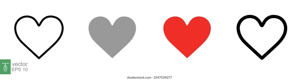 Heart icon set. Love symbol in flat, solid, outline style. Black, red love heart shape collection, romantic concept. Vector illustration design isolated on white background. EPS 10.