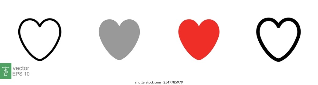 Heart icon set. Love symbol in flat, solid, outline style. Black, red love heart shape collection, romantic concept. Vector illustration design isolated on white background. EPS 10.