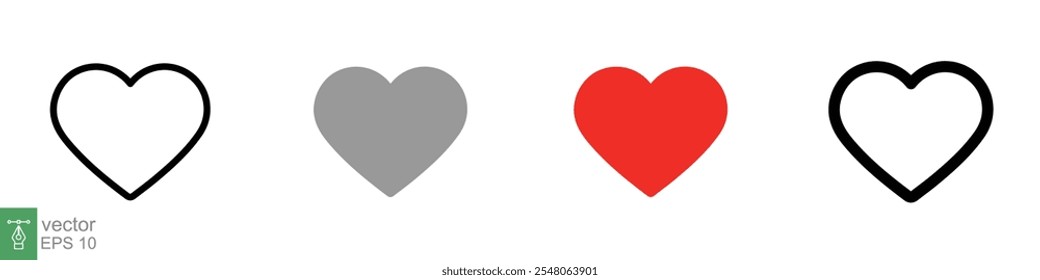 Heart icon set. Love symbol in flat, solid, outline style. Black, red love heart shape collection, romantic concept. Vector illustration design isolated on white background. EPS 10.