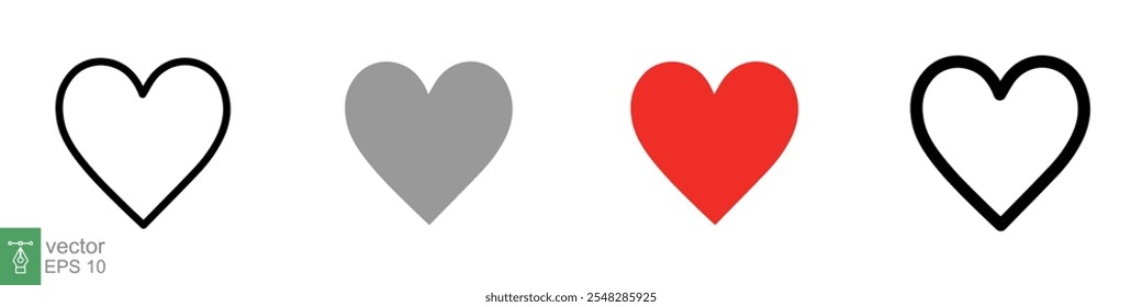 Heart icon set. Love symbol in flat, solid, outline style. Black, red love heart shape collection, romantic concept. Vector illustration design isolated on white background. EPS 10.