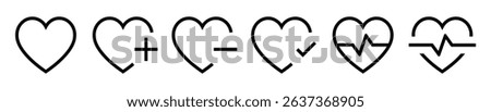 Heart icon set with medical symbols including plus, minus, check mark, and heartbeat lines. Perfect for health apps, cardiology, wellness, or Valentine’s themes. Heart, love, icons.