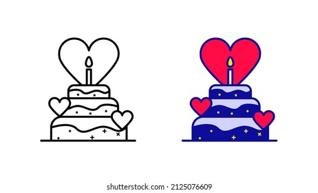 Heart icon set on modern cake. Heart cake icon from modern wedding icons. Linear and colorful icon love cake template. Download the simple linear wedding-honeymoon vector. white background.