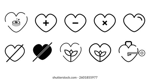 Heart icon set with outlined and flat. Giving love pictogram. Friendship and love line icons set. Care and charity concept editable stroke outline symbol set illustration.