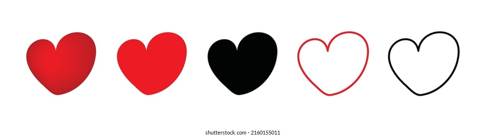 Heart icon set. Red and black hearts symbol, love sign, heartbeat silhouette, heart pictograms isolated on white background, romance vector illustration