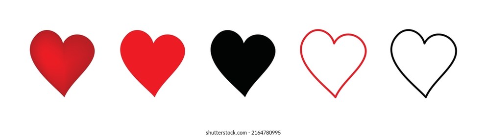 Heart icon set. Red and black hearts symbol, love sign, heartbeat silhouette, heart pictograms isolated on white background, romance vector illustration