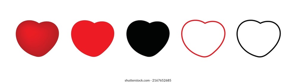 Heart icon set. Red and black hearts symbol, love sign, heartbeat silhouette, heart pictograms isolated on white background, romance vector illustration
