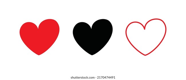 Juego de iconos de corazón. Símbolo de corazón rojo y negro, signo de amor, silueta de latido cardíaco, pictogramas de corazón aislados en fondo blanco, ilustración de vector de romance
