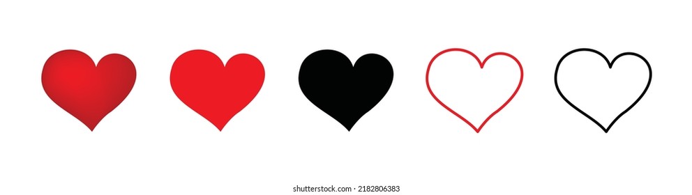 Heart icon set. Red and black hearts symbol, love sign, heartbeat silhouette, heart pictograms isolated on white background, romance vector illustration
