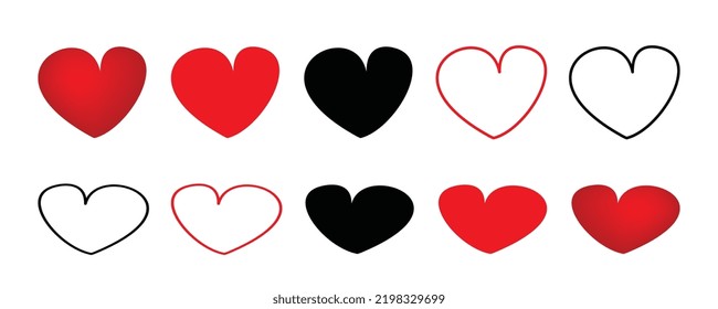 Juego de iconos de corazón. Símbolo de corazón rojo y negro, signo de amor, silueta de latido cardíaco, pictogramas de corazón aislados en fondo blanco, ilustración de vector de romance