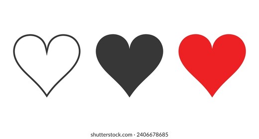 Heart icon set. Red, black, and outline heart icons. Love icon set
