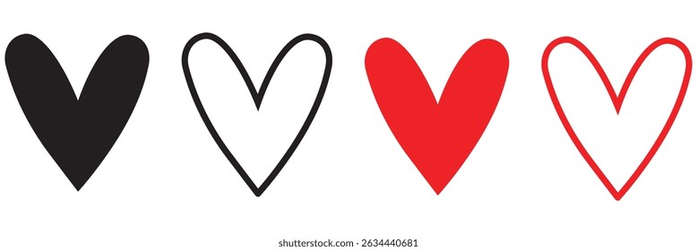 Heart icon set. Red and black hearts symbol, love sign icon. Vector heart on a white background. Four hearts symbols for your Valentine's Day templates and web pages. Eps 10