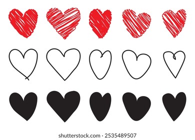 Conjunto de iconos de corazón. Corazones dibujados a mano roja. Corazones negros simples. Símbolos de amor de Vector.