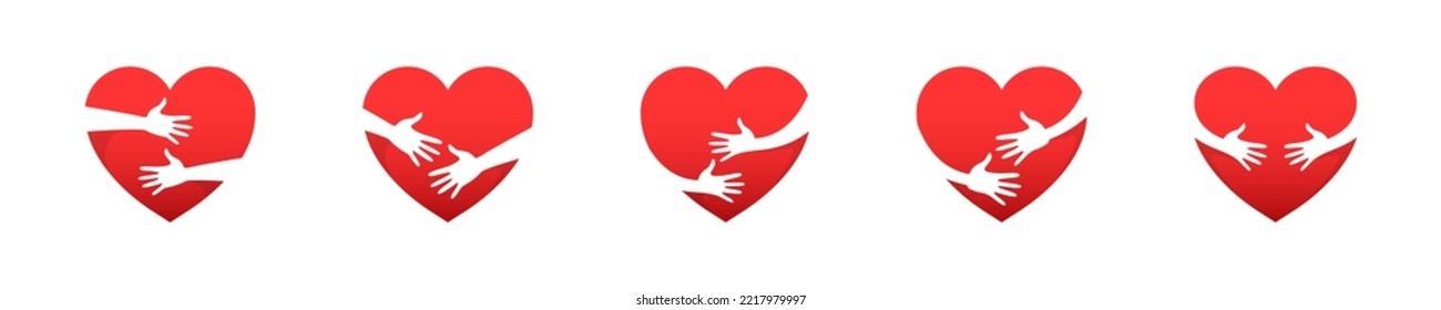 Heart Icon Set. Red Nubes Icons. Heart Hugging Icons. Hug Icons. Hugging Hearts. Heart Shapes Collection. Vector EPS 10