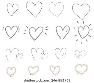 Heart icon set, sketch love vector hand drawn shapes, Valentine day scribble romantic sign. Vintage grunge texture squiggle minimal collection, nubes print kit. Doodle heart holiday symbol