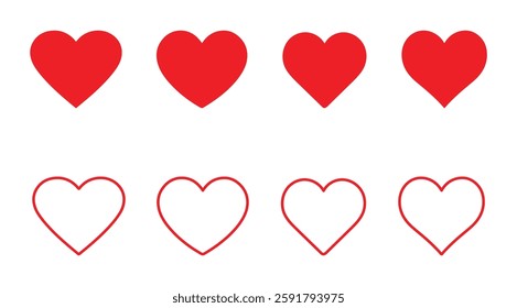 Heart icon set. Stylized different heart icon in flat and line art style. Love, heart or romance symbol. Vector illustration