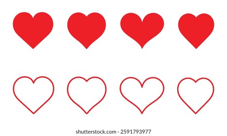 Heart icon set. Stylized different heart icon in flat and line art style. Love, heart or romance symbol. Vector illustration