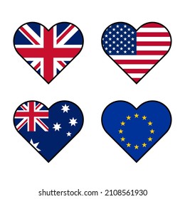 heart icon set. united kingdom, united states, australia and european union flags. vector illustration isolated on white background