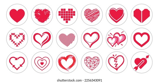 heart icon set for valentines day and romantic love vector collection in red color isolated on white background.