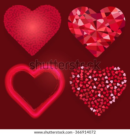 Heart icon set for Valentine's day greeting cards and weeding invitation design. Cristal jewel, big heart consisting of many hearts, glowing and shining hears vector illustration. Layered, editable.