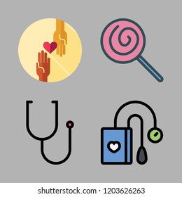 heart icon set. vector set about stethoscope, lollipop, tonometer and charity icons set.