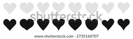 Heart icon set vector. Black and white love symbols in clean rows. Minimal monochrome design for UI and print use.