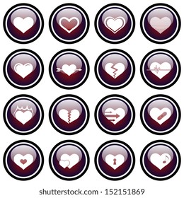 Heart Icon Set.  Vector Glass Button Icon Set.