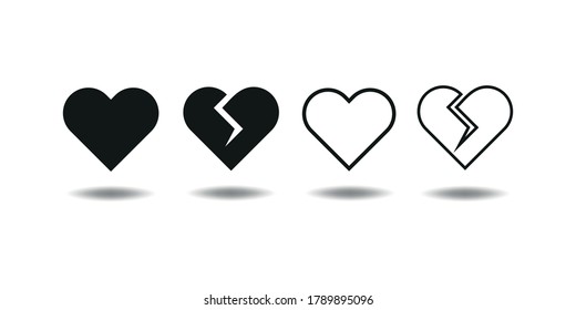 Heart Icon set Vector illustration. Perfect broken Hearts Love symbol. Valentine Day sign, emblem isolated on white background with shadow, Flat style for graphic and web design, logo. black pictogram