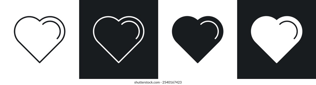 Heart icon set. Vector symbols in black and white colors.