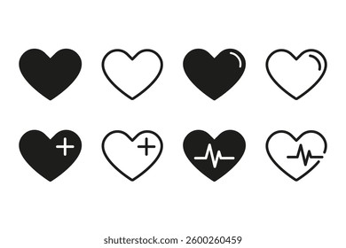 Heart icon. Heart shape vector set. Medical heath line design symbol. Vector heartbeat logo. Isolated clinic cardio sign. Romantic heart sign.