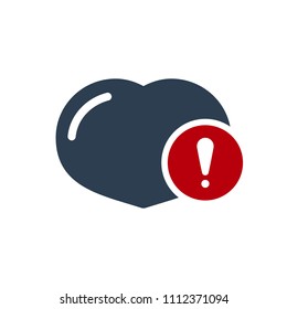 Heart icon, signs icon with exclamation mark. Heart icon and alert, error, alarm, danger symbol. Vector illustration