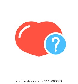 Heart icon, signs icon with question mark. Heart icon and help, how to, info, query symbol. Vector illustration