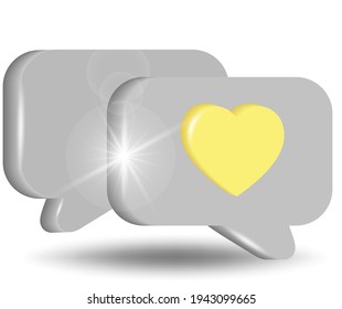 Heart icon, social media vector icon. 3d vector in yellow and gray colors isolated on white background.