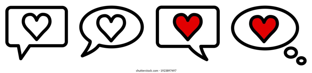 Icono del corazón en la burbuja del habla, versión diferente. Preguntar, hablar o pensar en el concepto de amor